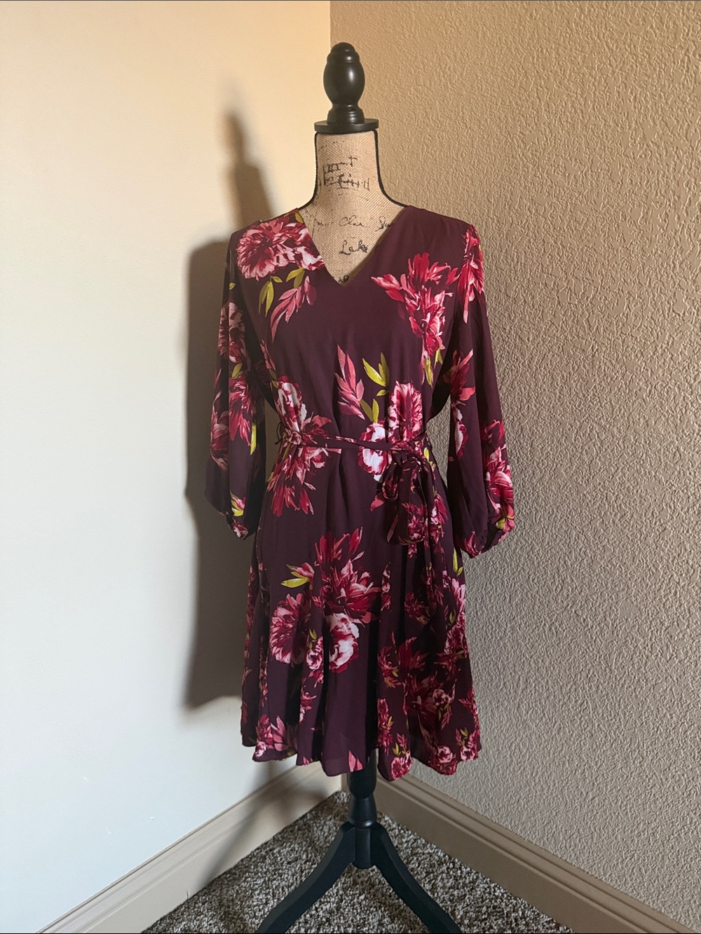 White House Black Market Burgundy Floral Long Sleeve Wrap Dress